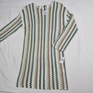 Crochet Knit Mini Sweater Dress Long Sleeve Sage Green Tan  White Size S